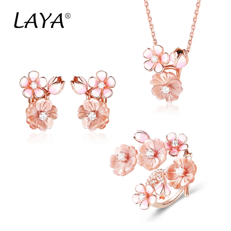 LAYA 925 Sterling Silver Shining Zircon White Pink Flower Green Leaf Enamel Necklace Earrings Ring For Bridal Wedding Jewelry