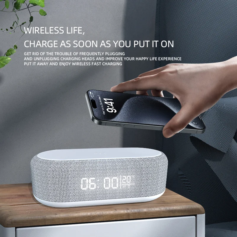 Wireless Charger Pad Bluetooth Speaker Alarm Clock LED Light Thermometer Earphone Phone Fast Charging Station for iPhone Samsung