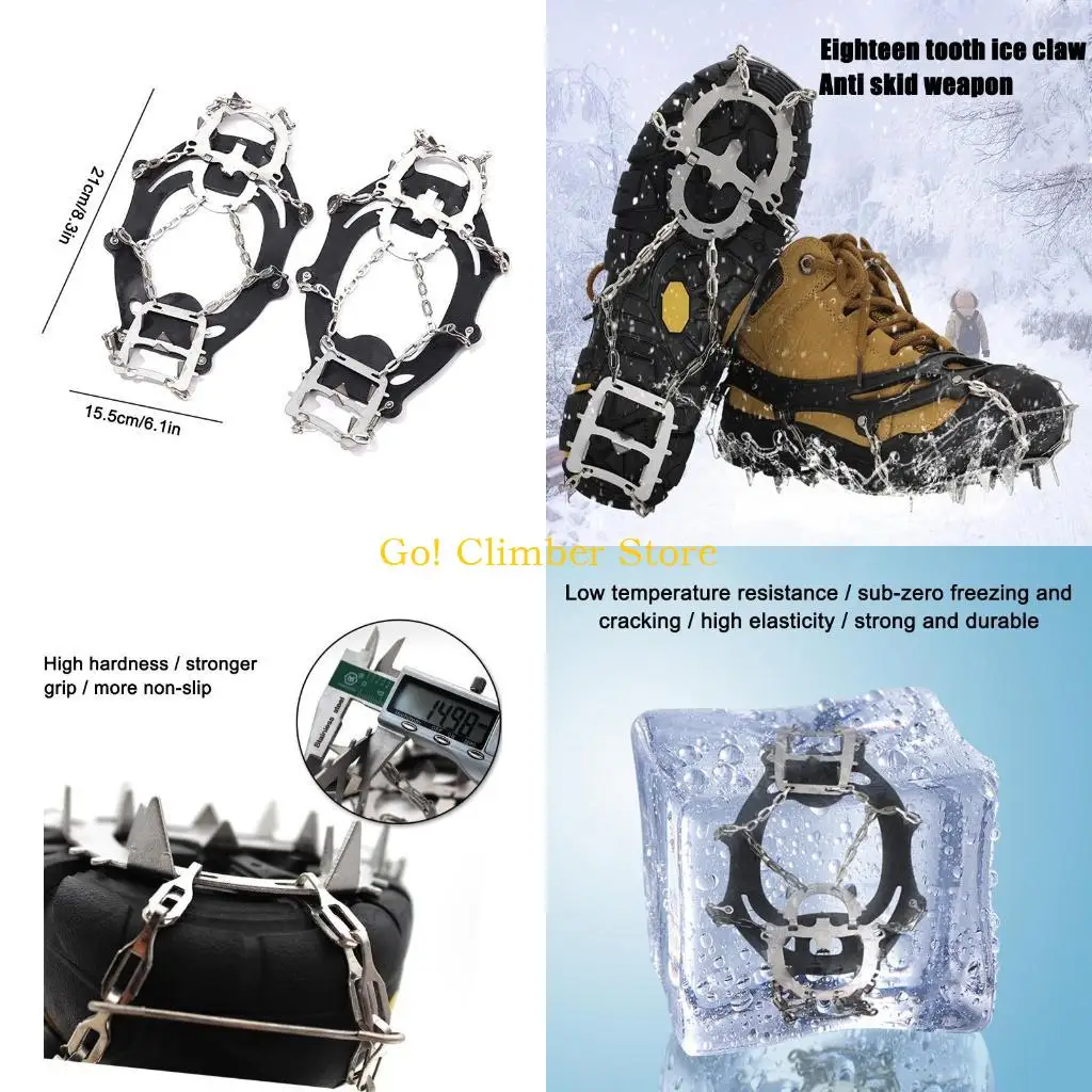 Q84C Ice Cleats Traction Snow Grips for Boots Shoes Women Men Anti Slip 18 Spikes Safe Protector for Walking Mountaineering