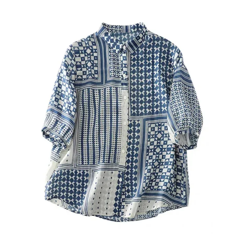 

Women's Bohemian Retro Summer Cotton Breathable Geometric Print Lapel Half Sleeve Loose Casual Shirt