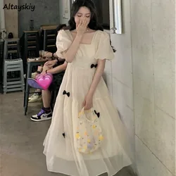 French Style Dresses Women Puff Sleeve Square Collar A-line Bow Elegant Fairycore Temperament Summer Mesh Sweet Vintage Holiday