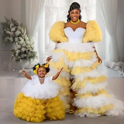 White & Yellow Mother and Daughter Dress  High Slit  Ball Gown Tiered Tulle Family Look Mommy and Me Birthday For Photo Shoots