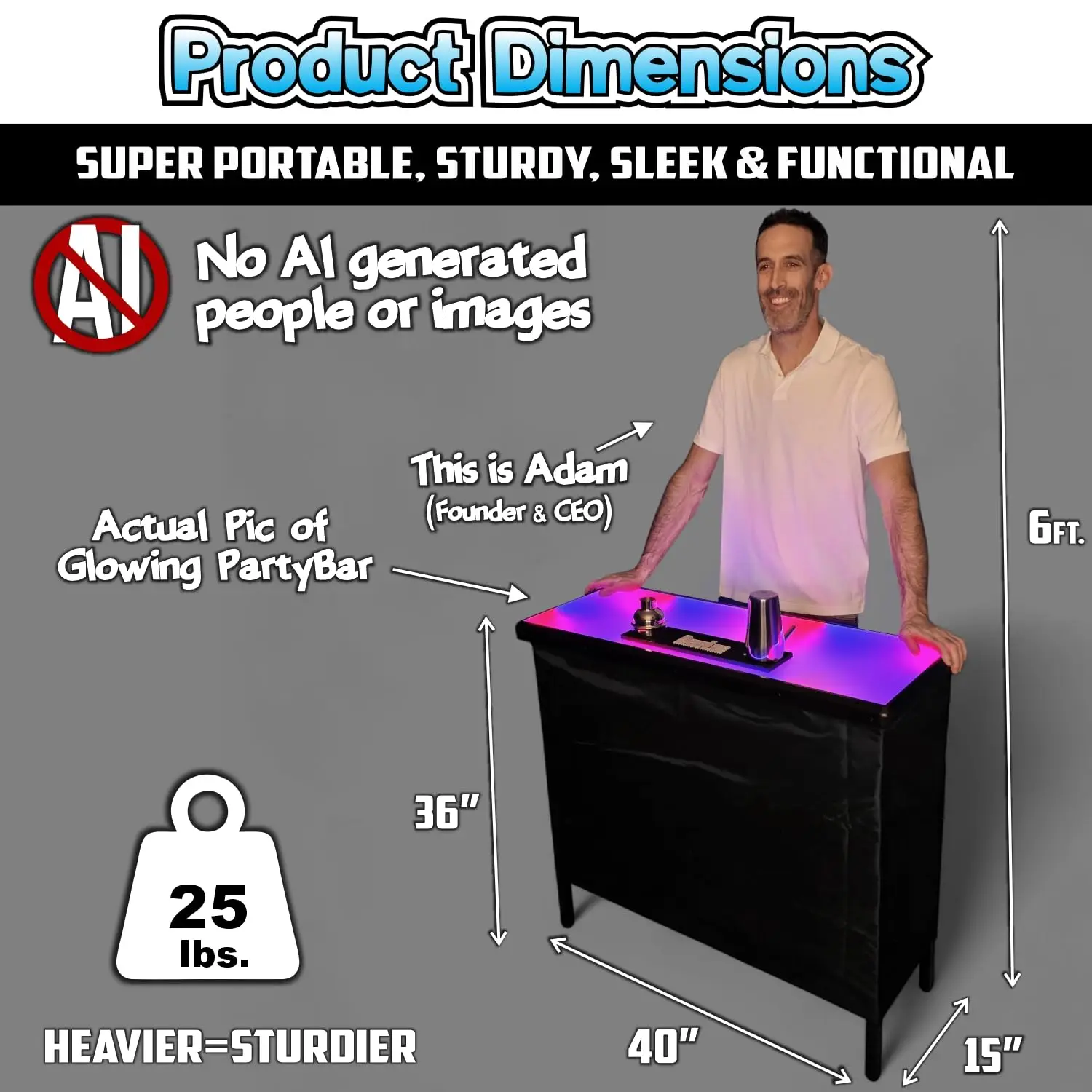 LED Lighted Portable Bar Table w/APP Control, Folding Legs, Storage Shelf, 2 Skirts & Carry Case, Customized
