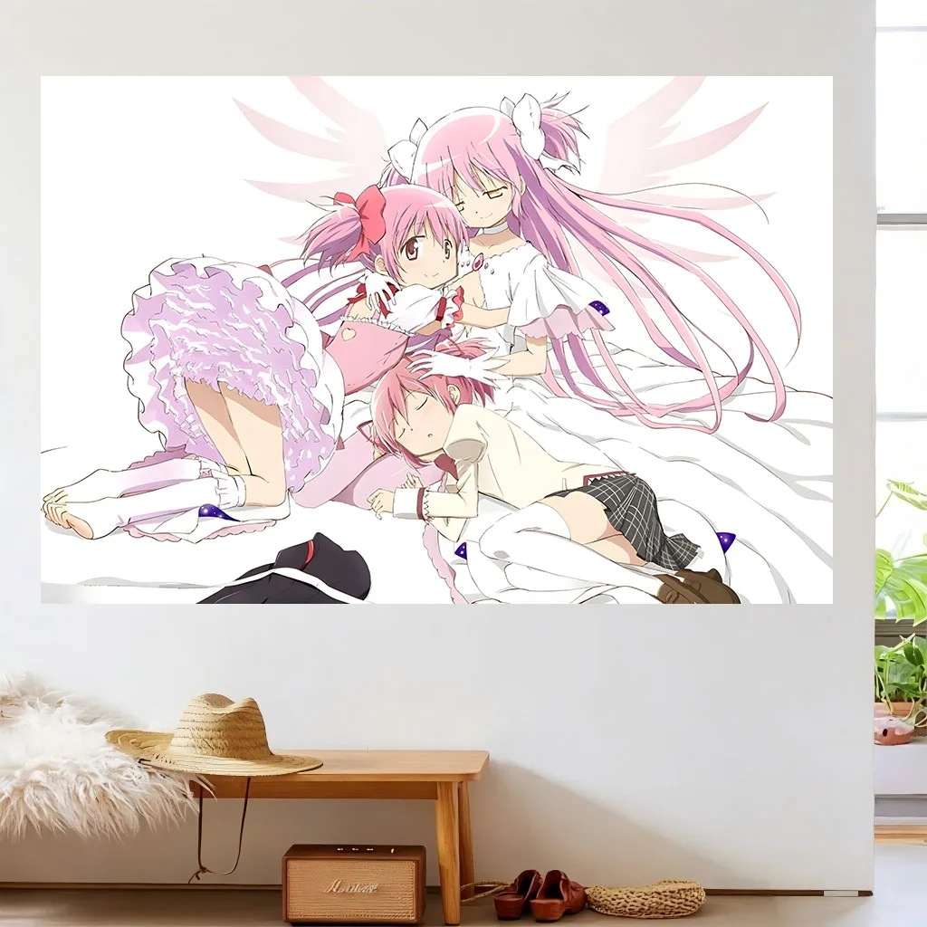 Kawaii Pink Magical Girl Anime Tapestry Cute Manga Girls Wing Portrait Wall Hanging Aesthetic Dorm Bedroom Background Decor