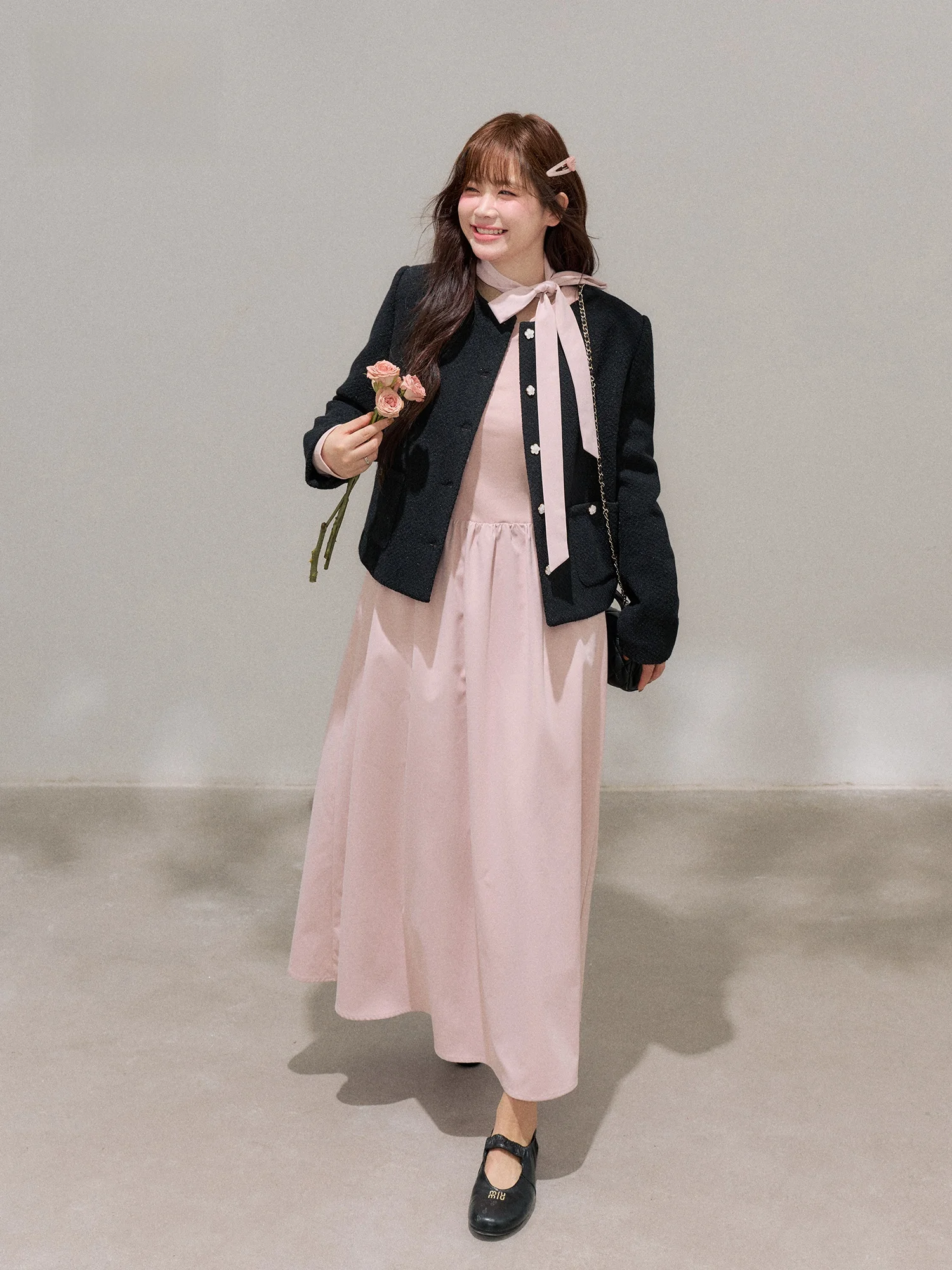 

Slimming Versatile Outerwear Pink Dress Set for plus Size Women Korean Style Commute High Waist Long Sleeve Winter Fashion