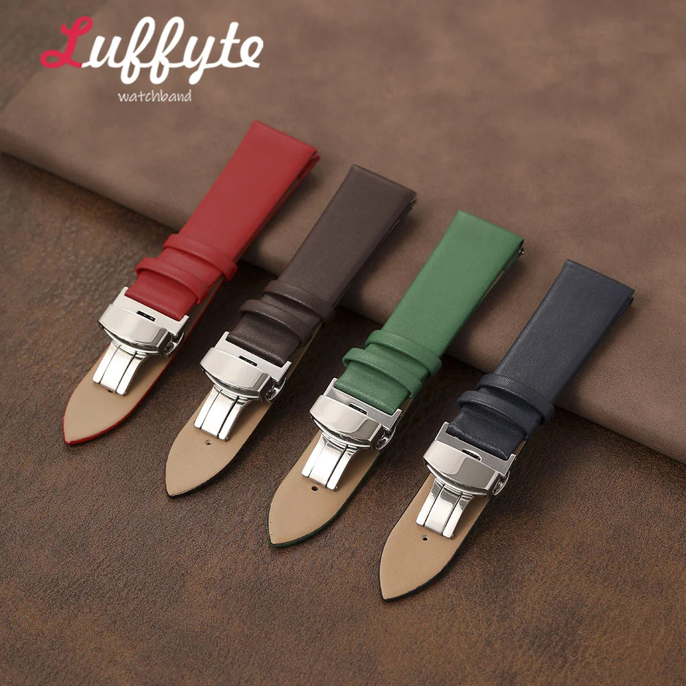 Ultra-thin Soft Men Women PU Leather Watch Strap 18mm 20mm 22mm with Butterfly Clasp Gift Packing Box Casual Wristwatch Band
