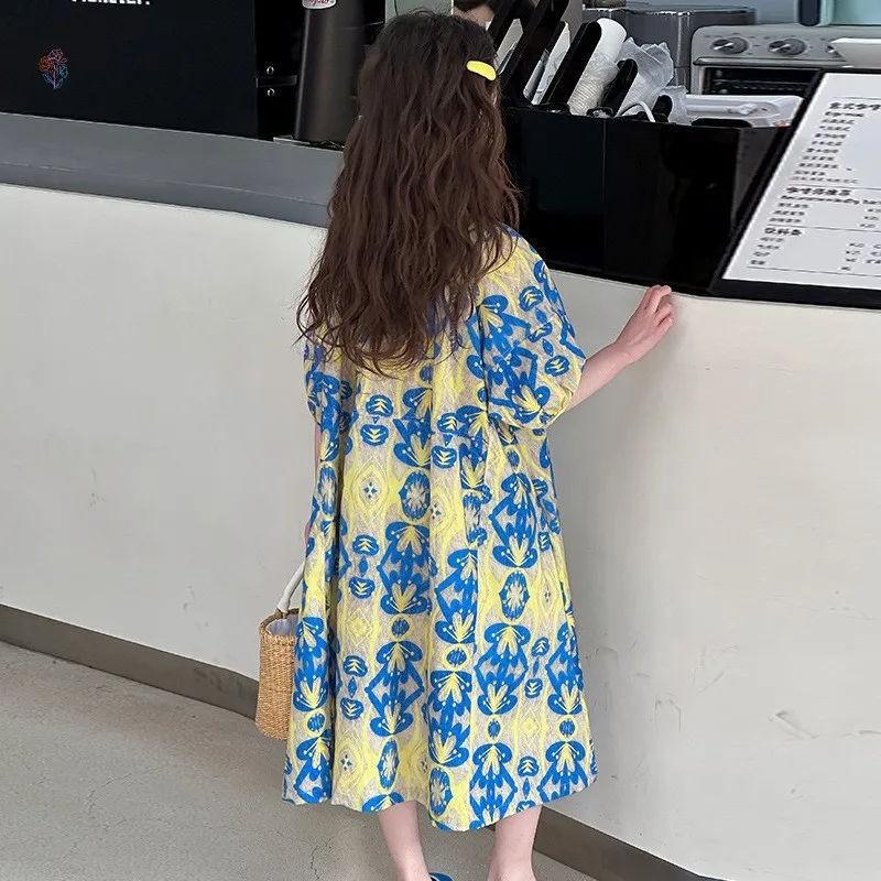 Summer Baby Girls Stylish Cotton Print Ruffle Short Puff Sleeve Princess Dresses School Kids Sweet Skirt Children Outfit 5-16 Yr