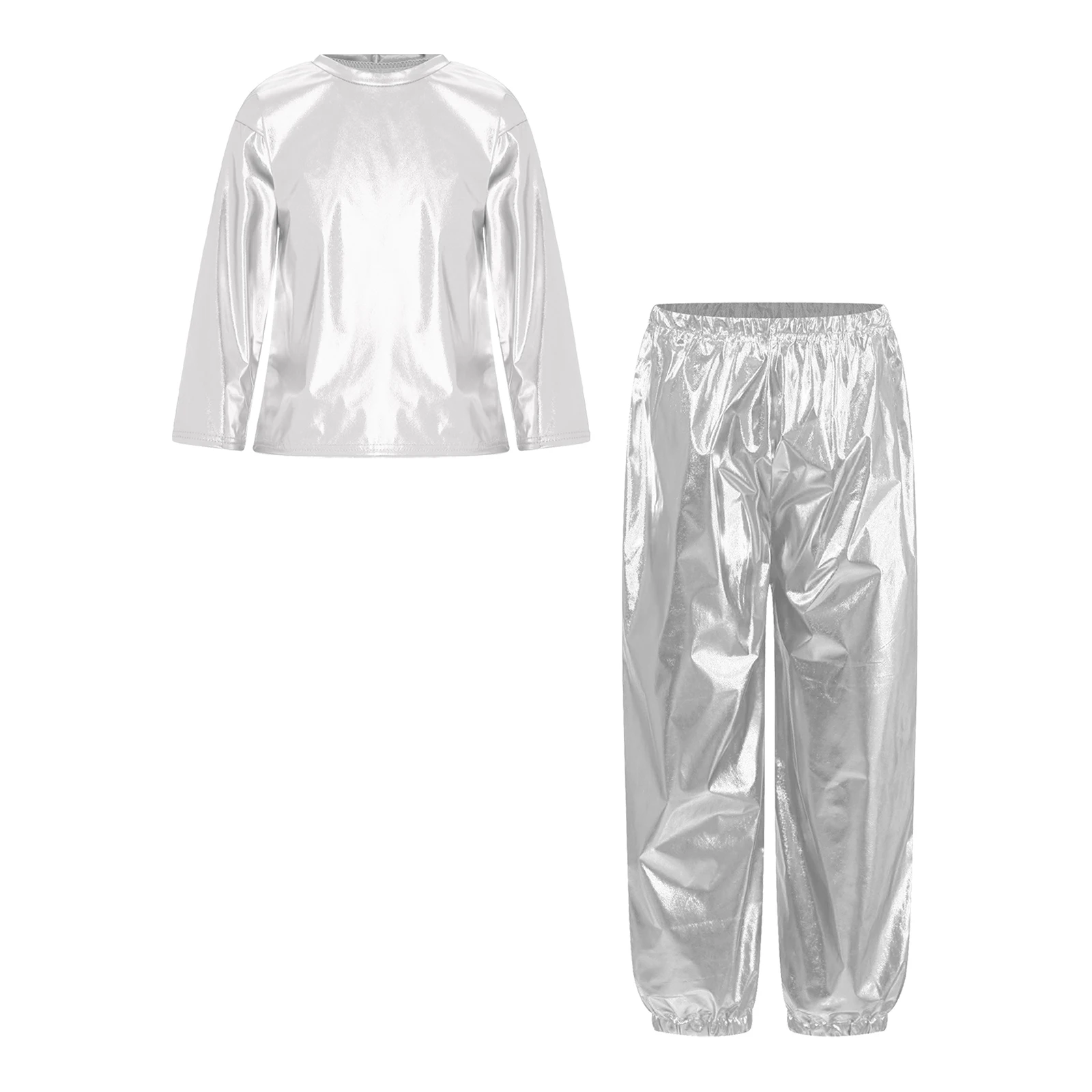 Metallic Shiny Jazz Dancewear Teen Girls Party Performance Outfit Long Sleeve Round Neck T-shirt Pants Suit Role Play Costumes