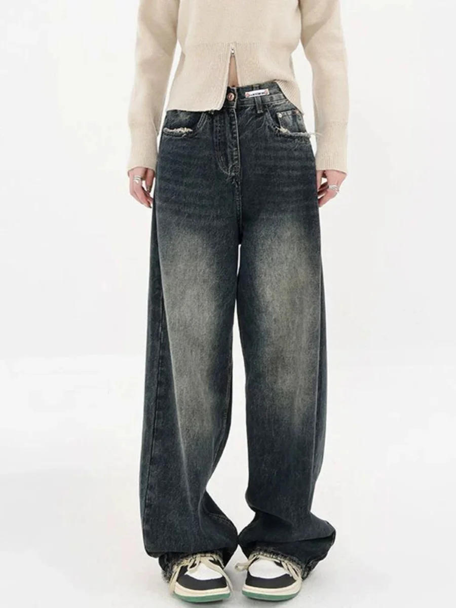 High Waist Elastic Waist Denim Jeans Women's Spring Autumn plus Size Slimming Straight Leg Loose High Street Wide Leg Pants