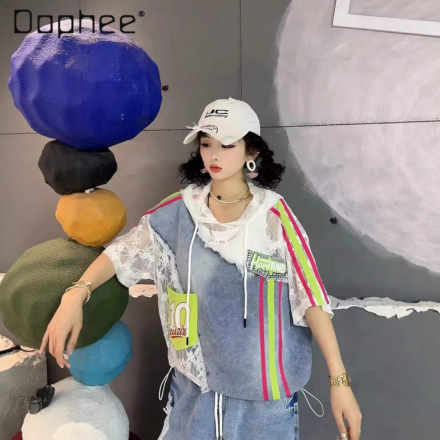 

European T-shirt Women's 2026 Summer New Lace Splicing Denim Number Letter Printing Loose Hooded Short-sleeved Top