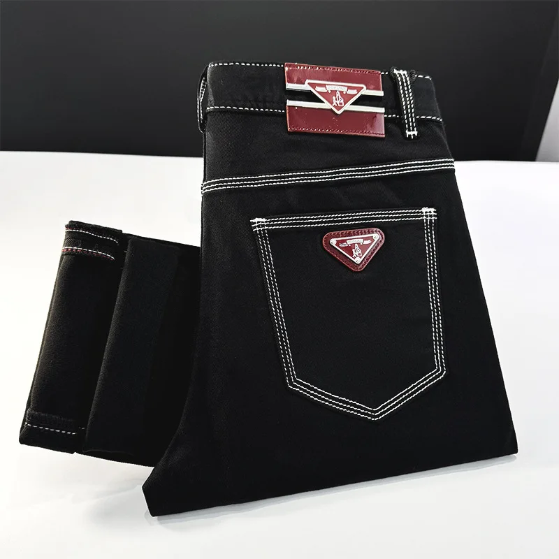 2026 Light Luxury Men's Clothing Pure Black Jeans Men's High end Slim fit Small Foot Trendy Fashion Denim Pants