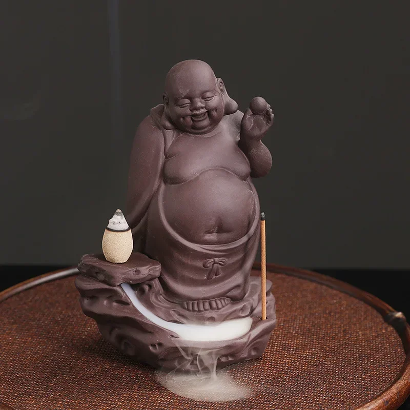 1pc Maitreya Buddha Lucky Home Ornaments Purple Clay Backflow Incense Burner Incense Stick Holder Censer (Without Incense)