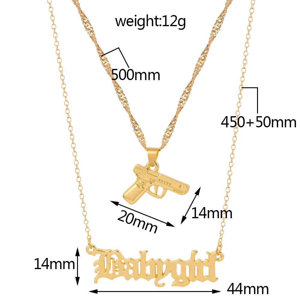 Hiphop Gold Color Pistol Shape Pendant Necklace Babygirl Letter Double Layer Neck Chain For Women Men Jewelry Accessories