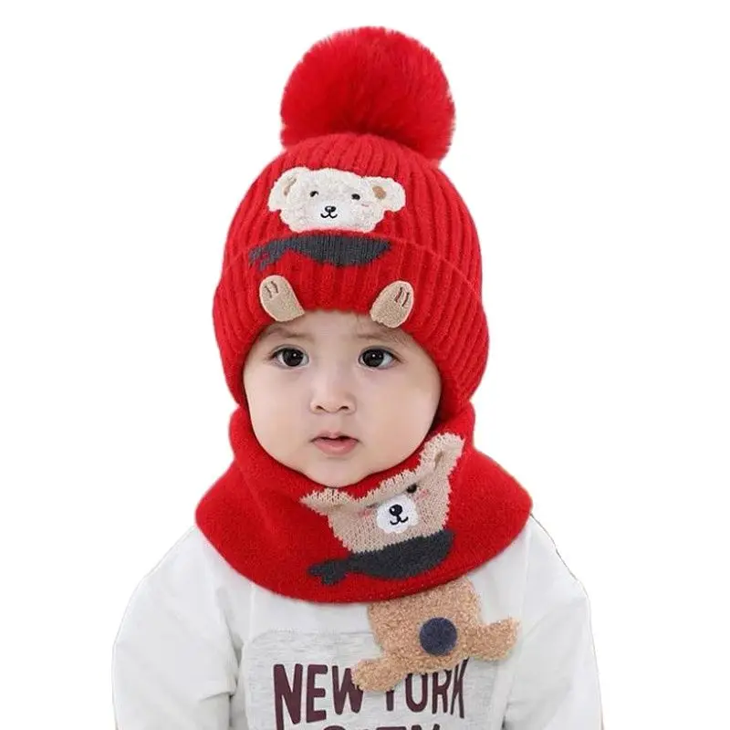 Doitbest Baby Kids Beanie Sets Cute Cartoon Bear 2 pcs 2022 Boys Girls Winter Villus Hat Scarf Set Age for 1 to 4 Years old Kid