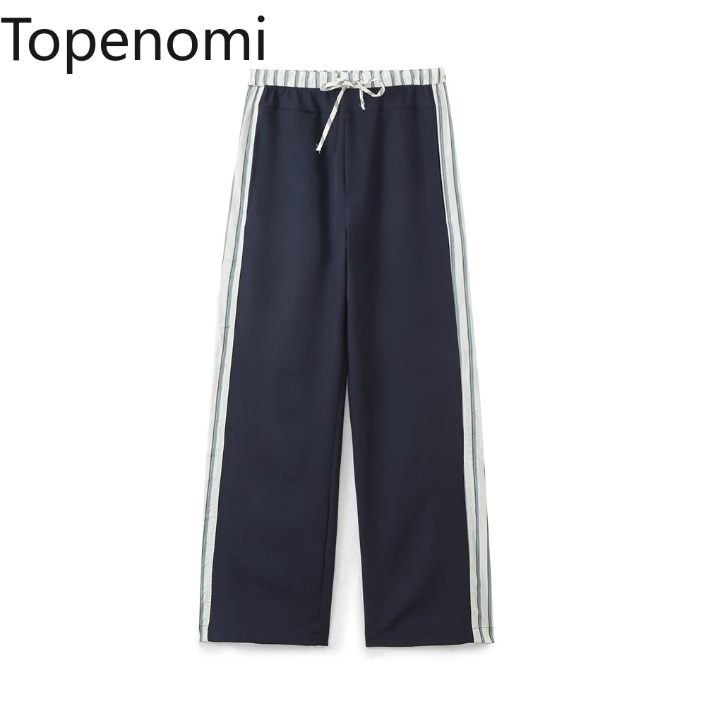 

Topenomi Striped Patchwork Long Pants Women 2025 New Drawstring High Waist Wide Leg Trousers Casual Fashion Versatile Streetwear