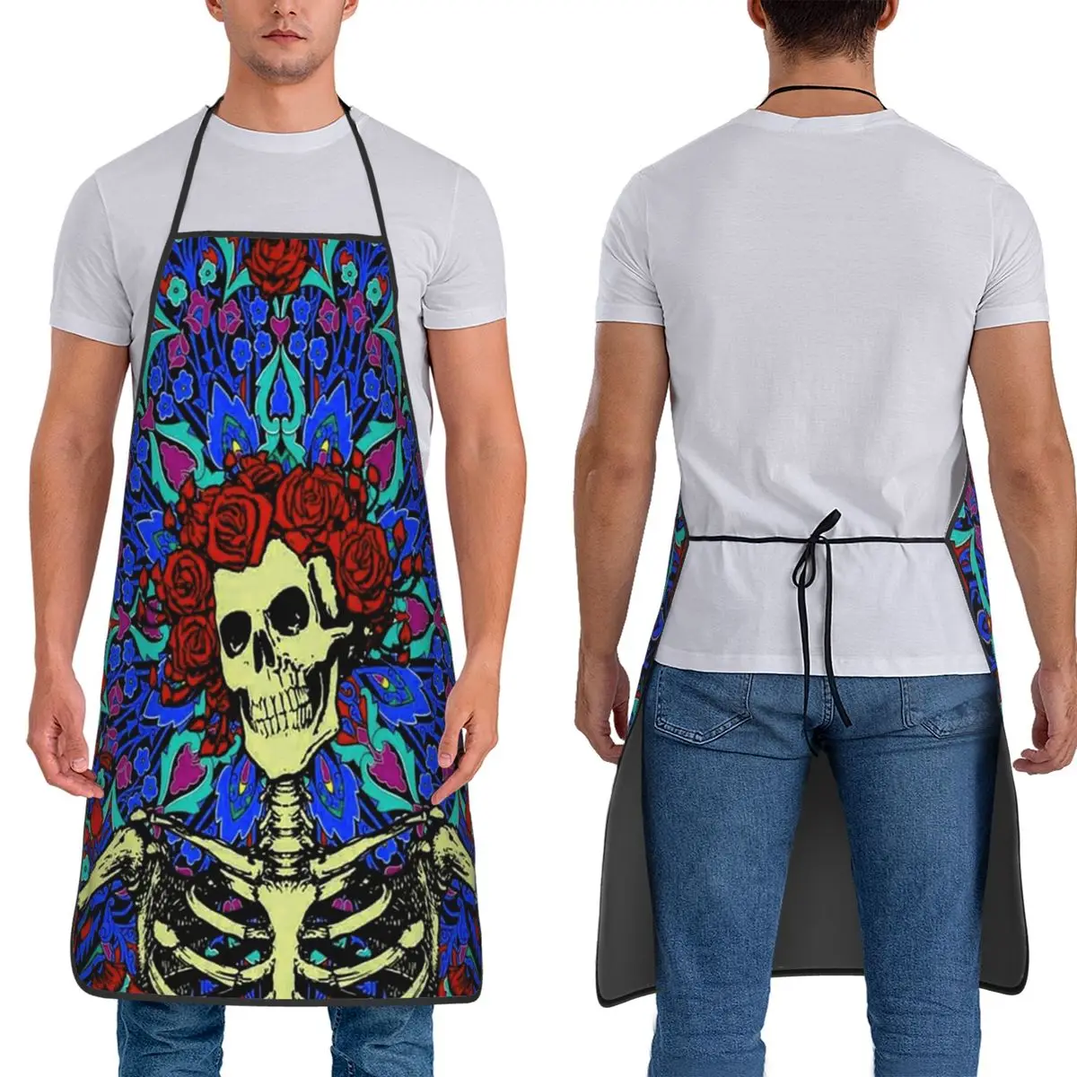 

Психоделический фартук со скелетом «День мертвых роз» для шеф-повара, приготовления пищи, выпечки, нагрудник без рукавов, кухонный сарафан для уборки