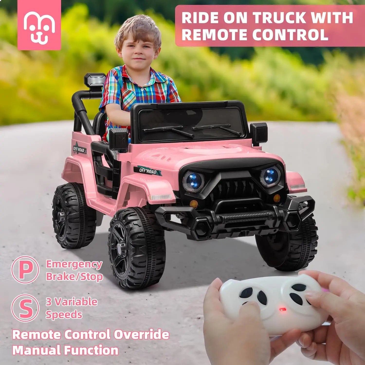 12V Kids Electric Ride on Truck Car Remote Control, Twin 35W Motors 3.5MPH Max Speed, Bluetooth USB Music Player, 4 Wheels Suspe