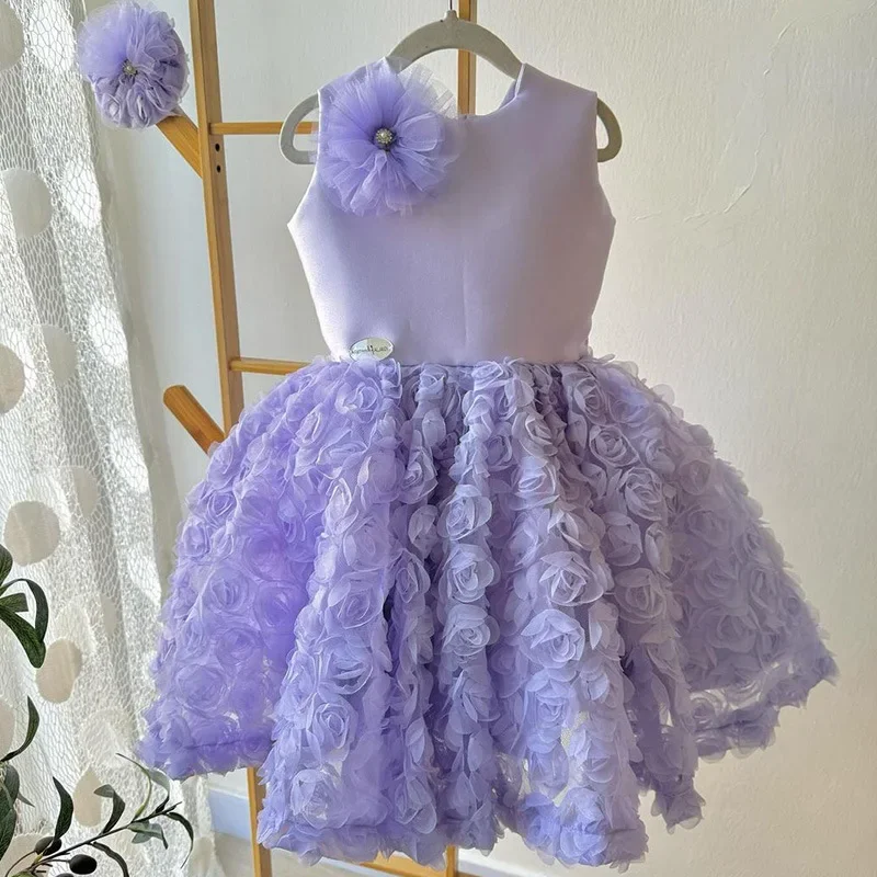 Vestidos personalizados con cuello redondo y diseño de flores sin mangas para niñas, Vestidos elegantes para fiesta de cumpleaños para niños, vestido de princesa plisado