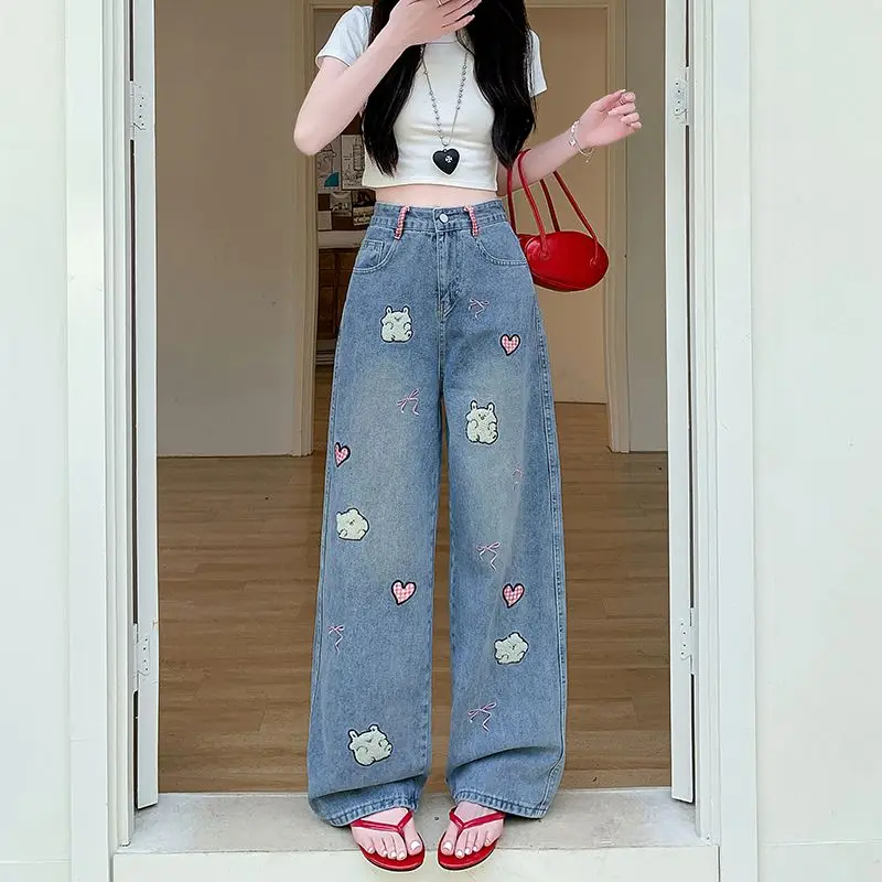 Bow Embroidery Jeans for Women Autumn 2025 New High Waisted Appliques Wide Leg Pants Retro Casual Blue Straight Denim Trousers
