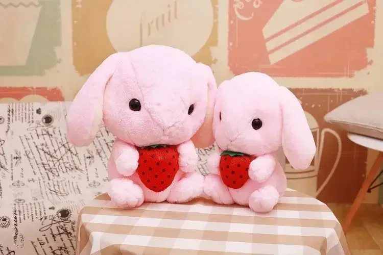 [Funny] 45cm Kawai Long Ears Rabbit eating strawberry Plush toy pillow soft Stuffed Animal toys Lifelike Appease doll baby gift