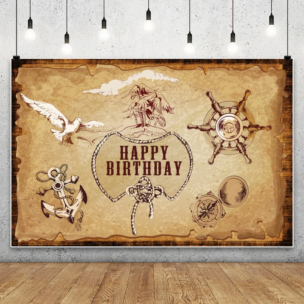 Pirate Treasure Map Happy Birthday Background Boy Cartoon Cute Nautical Coastal Vintage Adventurer Birthday Portrait Backdrop
