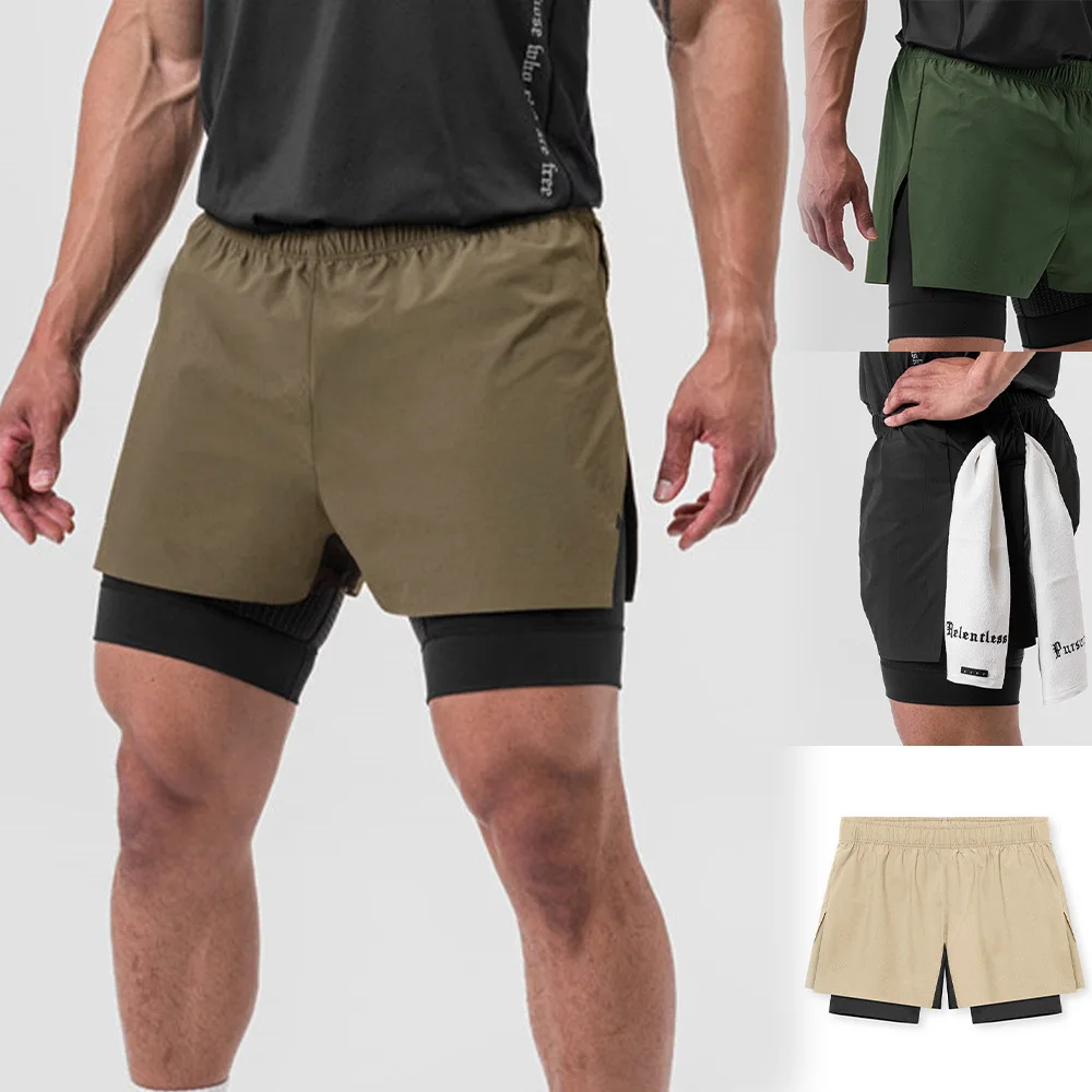 New Men's Shorts American Style with Lining Fake Two-Piece Three Points below the Knee Basketball Shorts Training Workout Pants