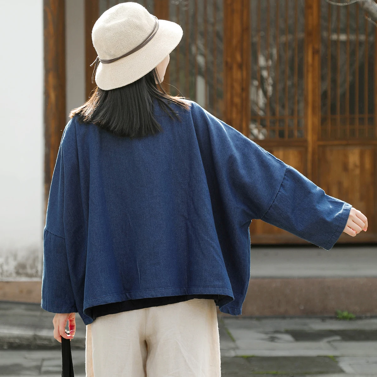 LZJN Winter Retro Worn Out and Fleece Lined Coat New Style Chinese Style Double Breasted Tai Chi Suit  Warm Blue Upper Garment