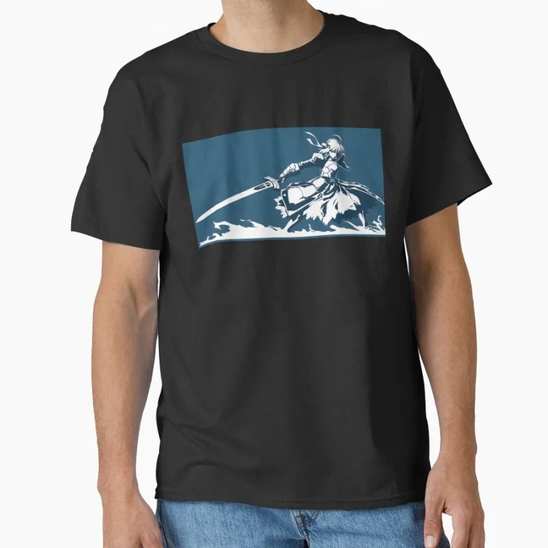 

Saber Stencil 80s vintage Manga Fate stay night video game Anime T shirt for men 100% cotton print Large size gift tops S-6XL