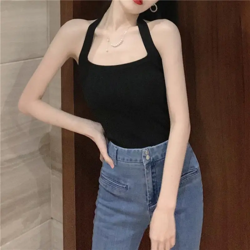 2024 Summer Knitted Suspender Backless Crop Tops Women's Neck Strap Sleeveless Sexy Red Vest Vintage Tank