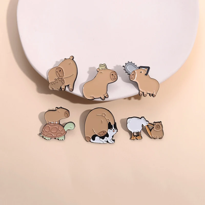 Cute Capybara Turtle Cat Enamel Pins Custom Animals Living In Harmony Brooches Lapel Badges Animal Jewelry Gift for Kids Friends