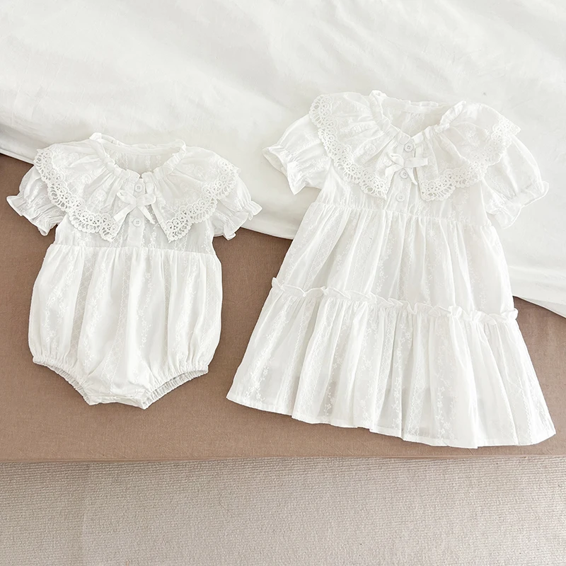 2-6Yrs Girl Party Lace Dress Sister Cotton Embroidery Baby Girl Romper 2025 Summer New Sister Dress Kids Princess Dresses