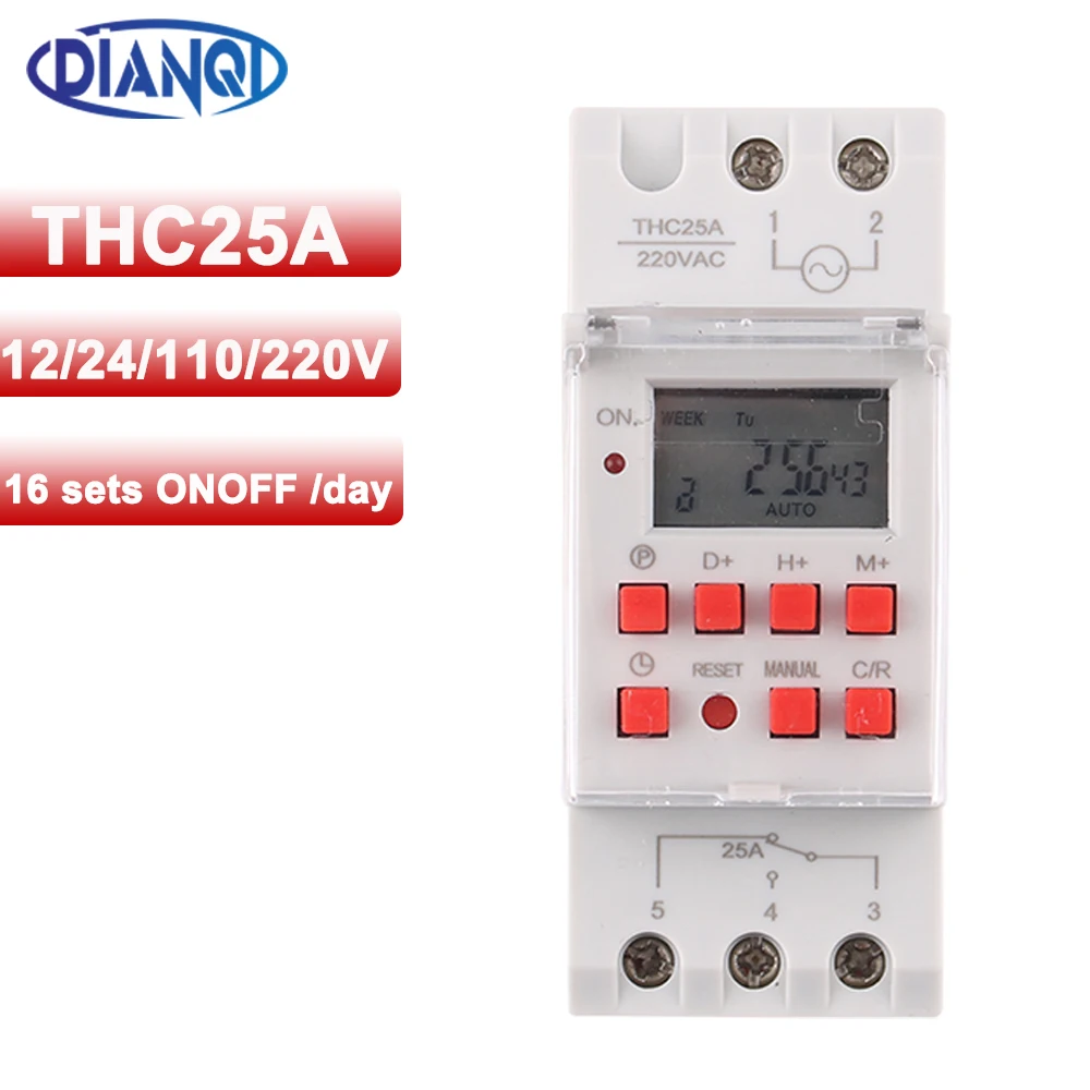 Red Time Switch Power Weekly Programme Electronic Timer Switch Digital Timer 220V 110V 12V 24V Din Rail Mount 35mm 25A