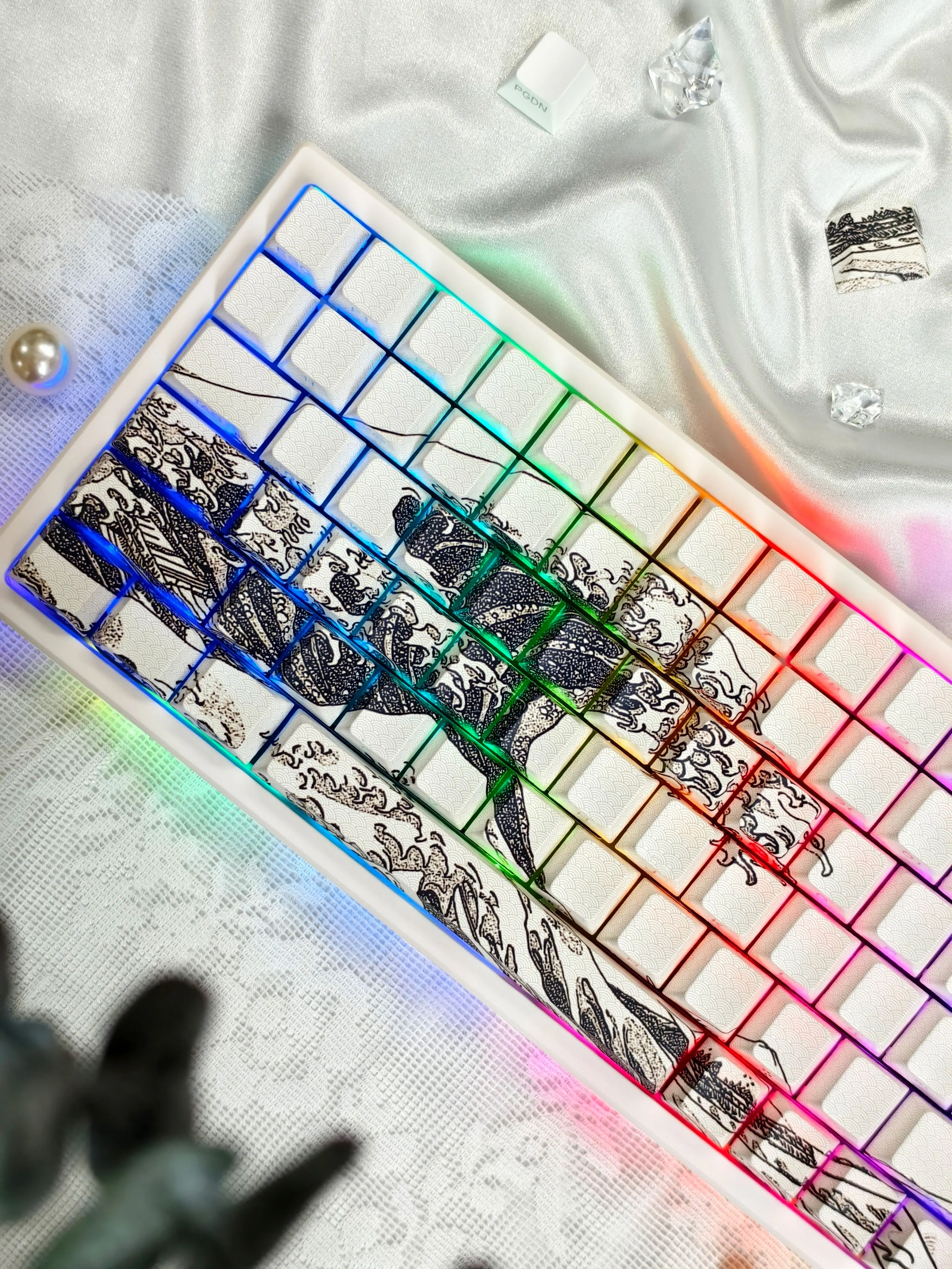 125Set Keycap Tembus Ukiyoe Coral Sea Gelombang Besar Off Kanagawa Cherry Profile PBT Dye-Sub untuk Keyboard Gaming Mekanis