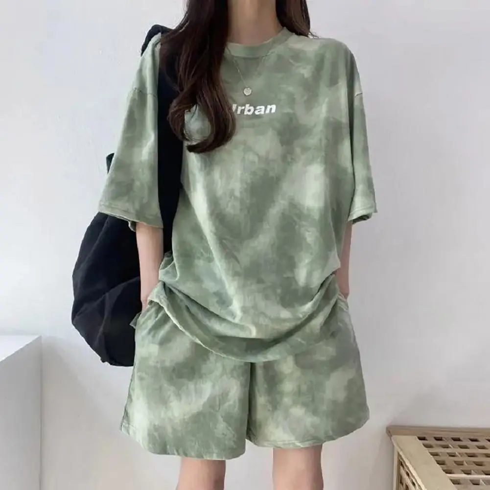 2 Piece Suit Women T-Shirt Shorts Set Korean Fashion Tie Dye Loose Short Sleeve T-shirt And Wide Leg Set Students Sports Outfit