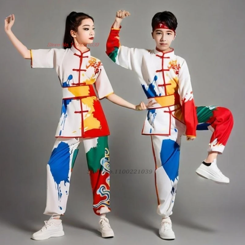 

2026 chinese traditional children wushu martial arts suit flower print kung fu shaolin training exercise stage performance set