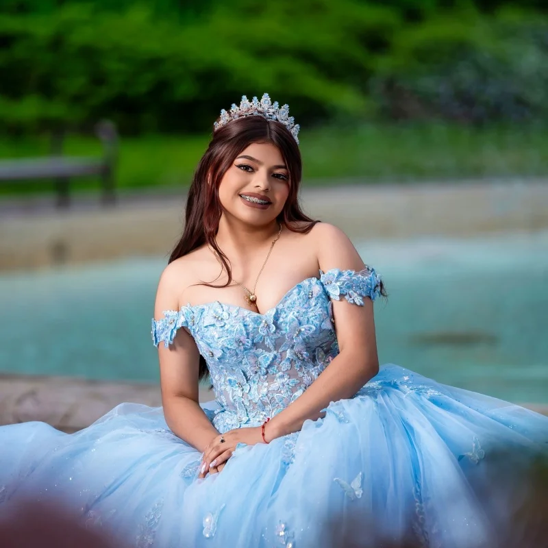 

Shiny Sky Blue Quinceanera Dress off-shoulder Glitter flower Decal Lace Vestidos De 15 Quinceanera ﻿Customize