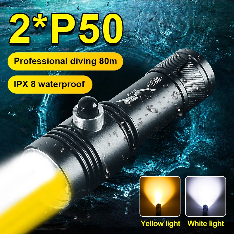 

Dual P50 Wick Professional Diving Flashlight High Power Rechargeable LED Dive Lantern Yellow Light Torch For Underwater IPX8