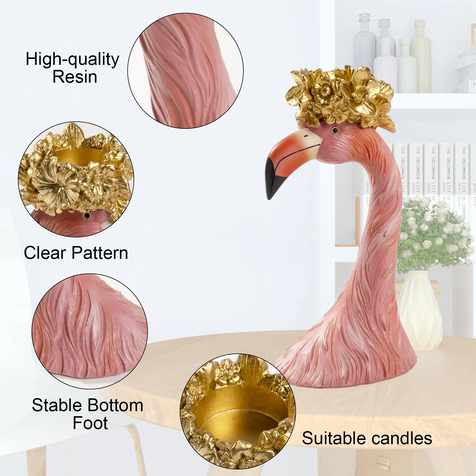 Red Flamingo Tea Light Candle Holders, Resin Decorative Golden Flower Candle Stick Holders Stand Decor Home Table Centerpiece