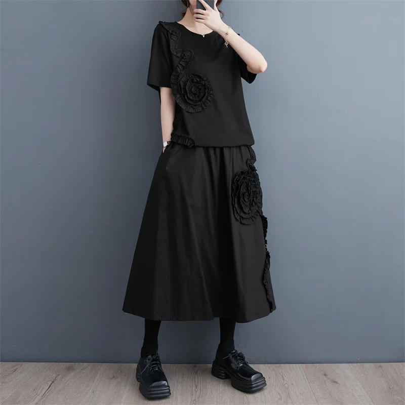 #2704 Summer Two Piece Set T Shirt And Skirt Women Korean Style Two Piece Skirt Set Female Ruffles Loose Two Piece Outfits