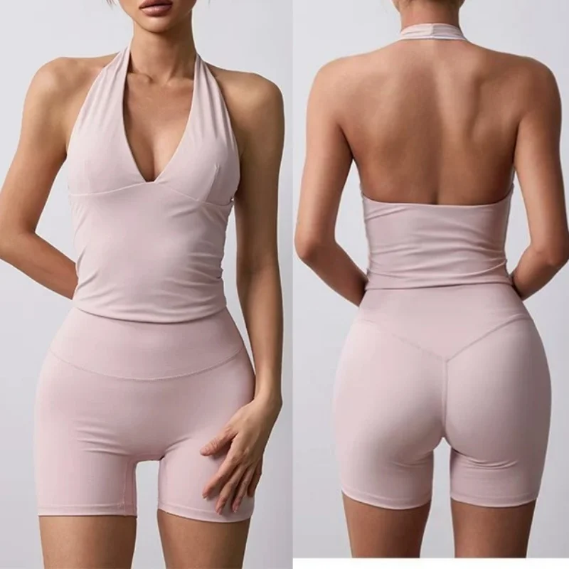 C*B Women Halter Deep V Backless Yoga Tank Top Padded Longline Sports Vest High Stretch Fitness Pilates Workout Gym Athletic Top