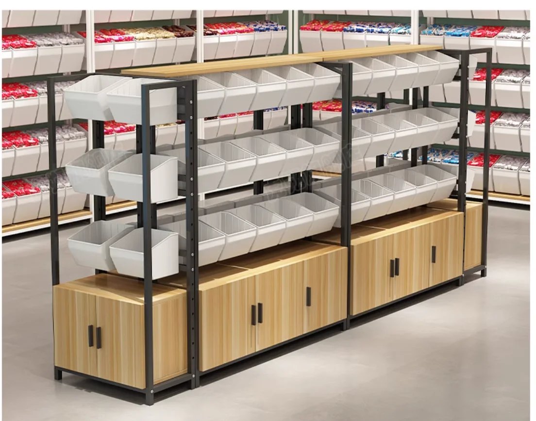 Scattered snack shelves supermarket display shelf against the wall of convenience store small food box in the island combination