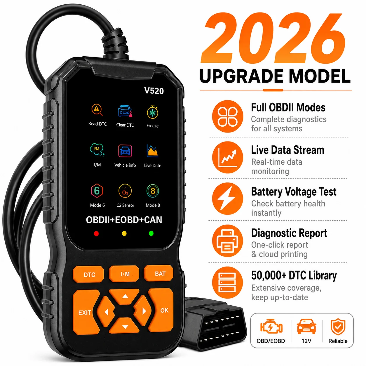 New V520 OBD2 Car Diagnostic Tool 8 Languages Engine Fault Code Reader DTC Clear Live Data Scanner Check Engine Light Reset Tool