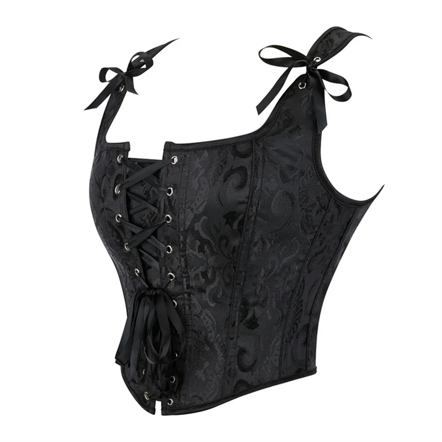 Women Gothic Vintage Overbust Corset Jacquard Crop Tops Retro Brocade Bustier Lace Up Sexy Bustiers with Shoulder Straps