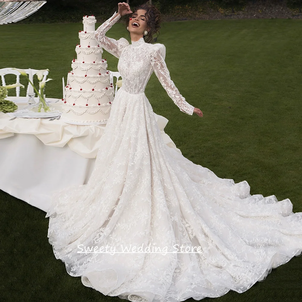 

Saudi Arabic Wedding Dress Customized High Neck Long Sleeves Court Train Lace A Line Woman Bridal Gown Vestido De Noiva