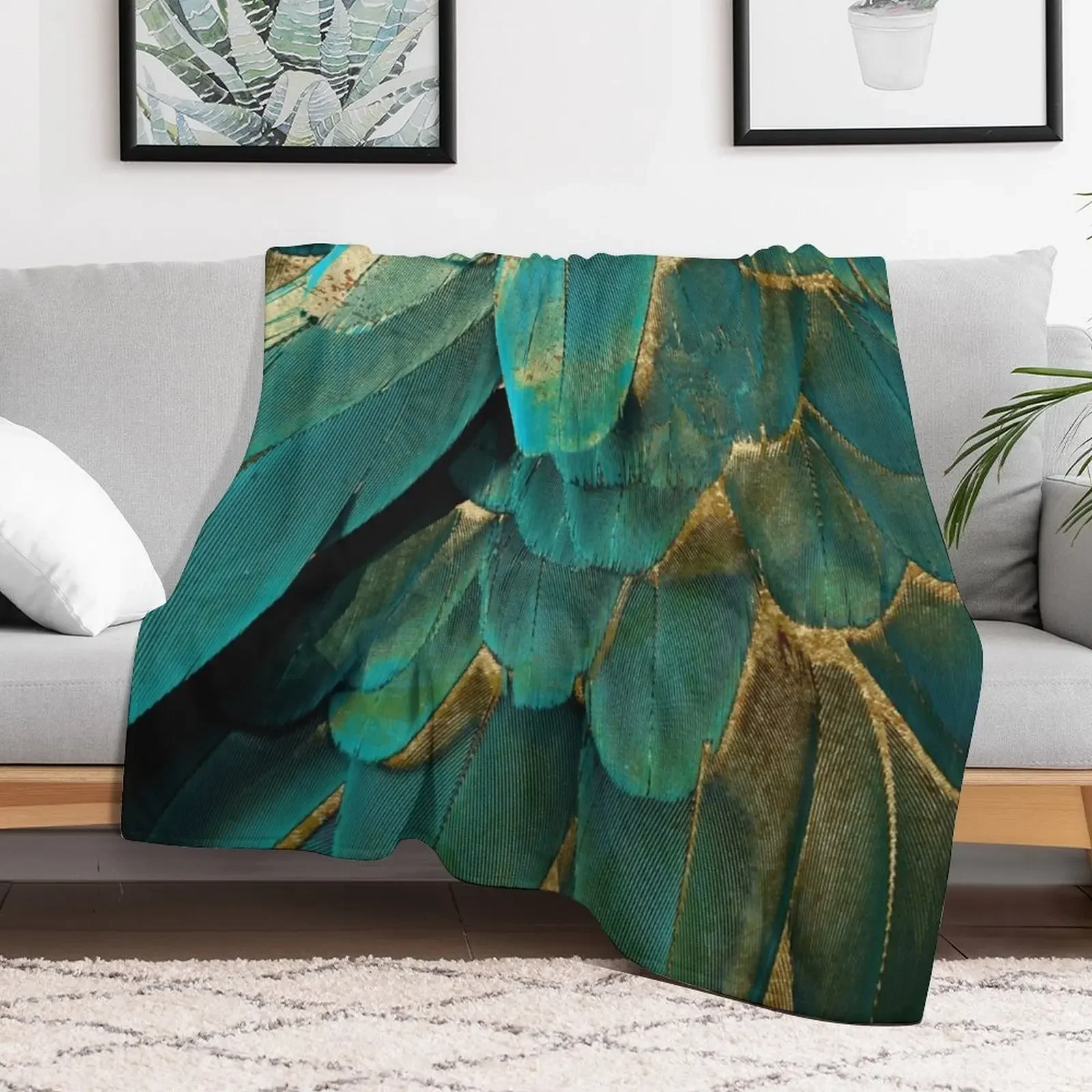 Feather Glitter Teal and Gold Throw Blanket Cozy Throw Blanket for Bed Sofa Chair