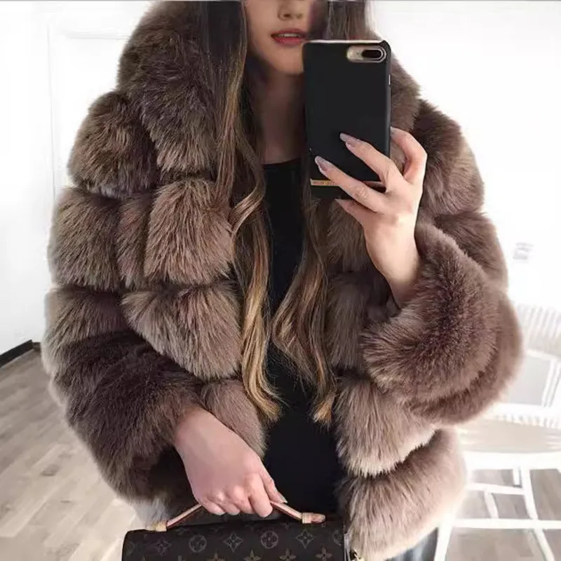 2024 Fashion Winter Faux Fur Jacket Ladies Thermal Fur Jacket Luxury Faux Fur Jacket Hooded Puffy Fur Jacket Ladies