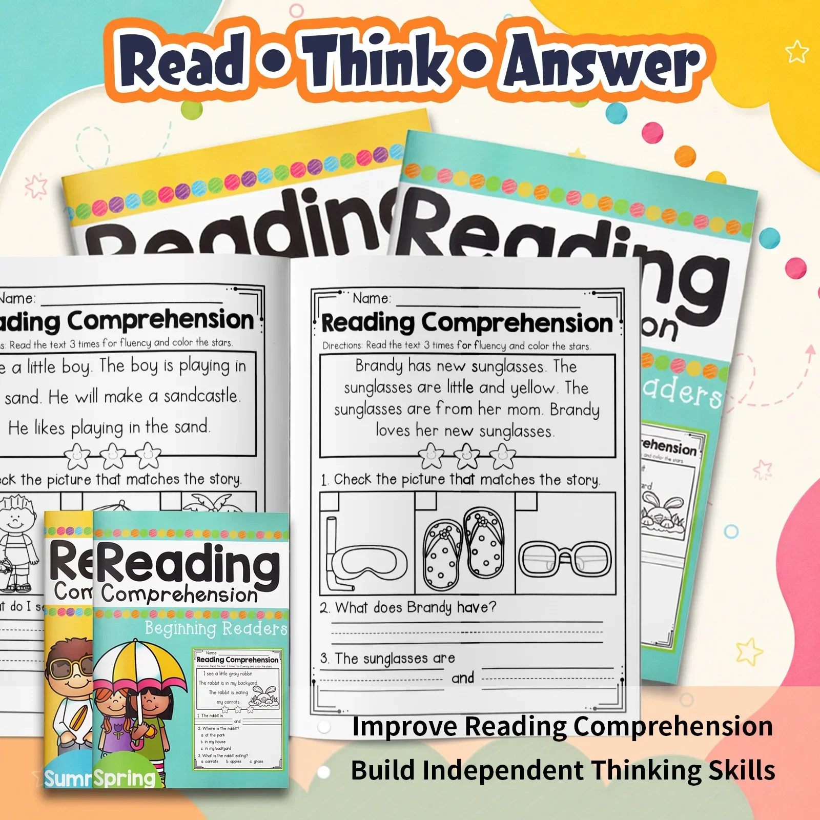 2-Book Spring and Summer Reading Comprehension Workbook Set for Kids, Short Passages, Picture Matching, Sequencing