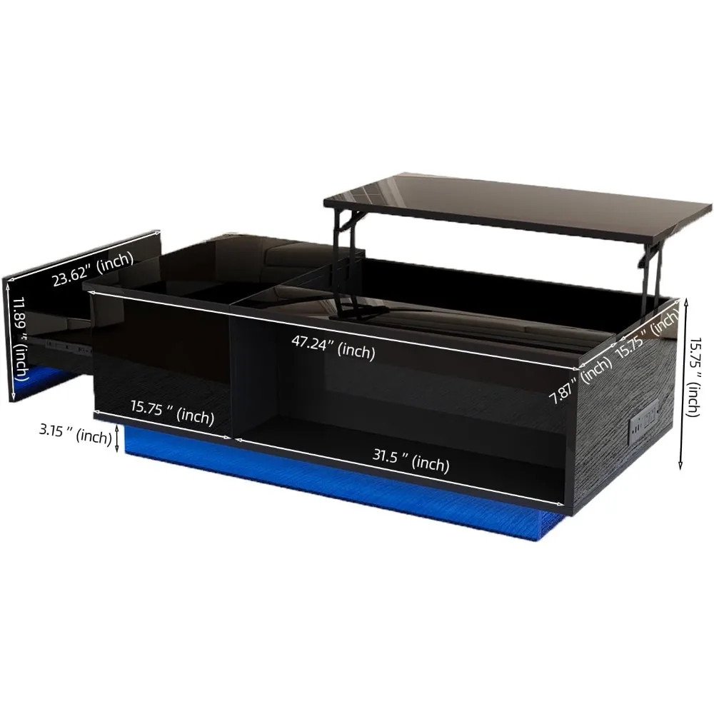 Modern LED Lift Top Coffee Table - All Black High Gloss Storage with Hidden Drawers