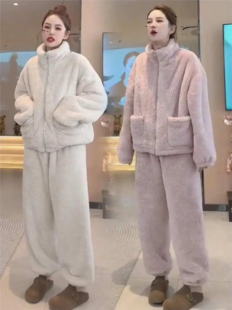 

Fashionable Coral Fleece Pajamas Women's Loose Thickened Home Clothes Two-Piece Set Korean Style Warm Cozy Nightgown Set