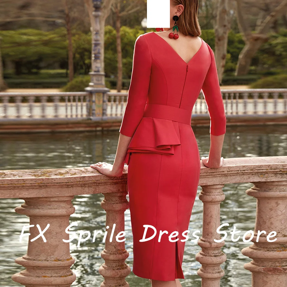 CustomizedV Neck Sheath Knee Length Satin 3/4 Sleeves Belt Zipper Back Solid Color Elegant Exquisite Bespoke Occasion Gowns Even